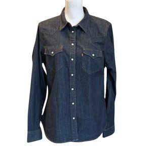 Levi’s Womens Flannel Ultimate Western Denim Shirt Pearl Snap On Dark Wash Sz XL